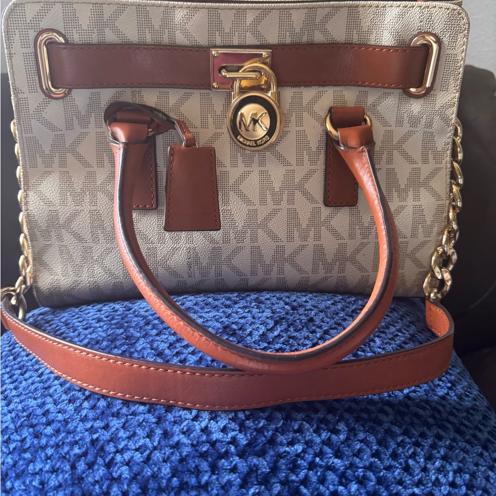 Michael Kors Beige Signature MK Satchel with Brown Leather and Gold Hardware